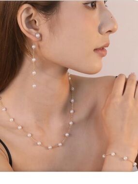 Elegant Pearl Drop Necklace & Bracelet Set - Gold Chain